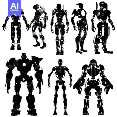 Aset desain premium: Silhouettes of  Various  Robot  Designs