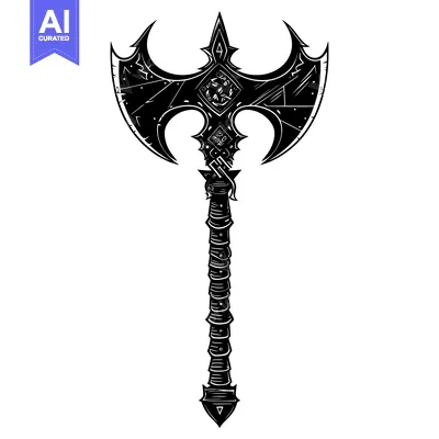 Aset desain premium: Black and White Illustration of a Double-Headed Axe with a Detailed Ha