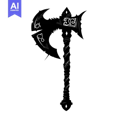 A Black and White Silhouette of a Medieval Axe with Ornate Details