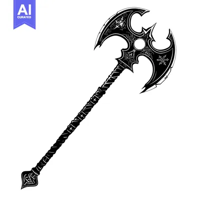 Aset desain premium: Black and White Illustration of a Double-Headed Axe with Intricate Det