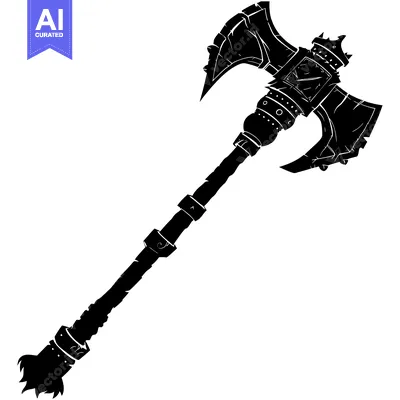Aset premium populer: A black silhouette of a large, ornate axe with a spiked crown on the h