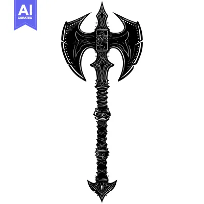 A Black and White Illustration of a Ornate Double-Headed Axe