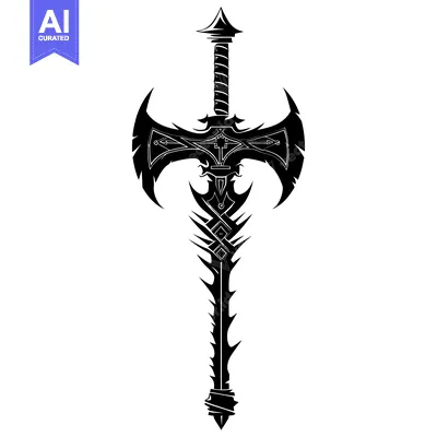 Aset desain premium: A Stylized Black and White Illustration of a Sword with an Axe-Like Bl