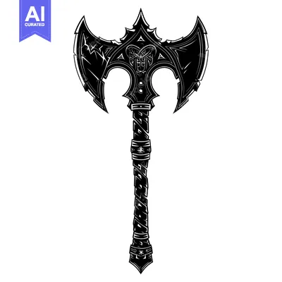 Premium design asset: A Black and White Illustration of a Double-Headed Axe with an Ornate H