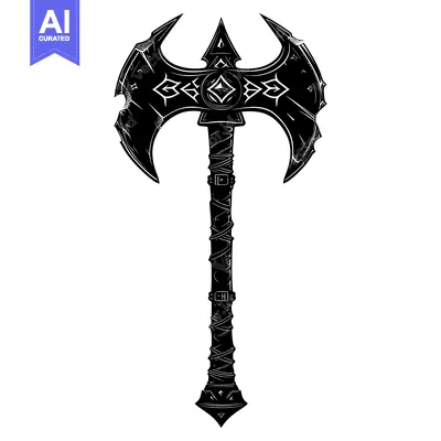 Aset desain premium: A black and white illustration of a double-bladed axe with a detailed