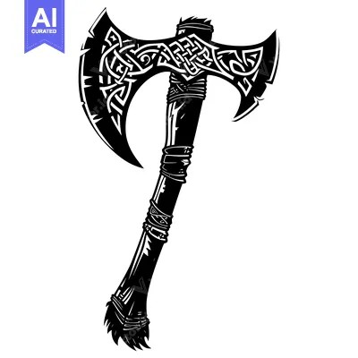 Aset desain premium: Black and White Illustration of a Viking Axe with a Celtic Knot Design