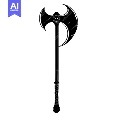 Premium design asset: Black and White Illustration of a Double-Headed Axe with Skull Design