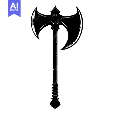 Premium design asset: A black and white silhouette of a double-headed axe with a detailed wo