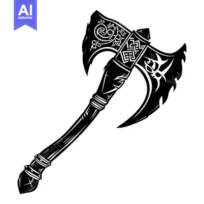 Aset desain premium: Ornate Black and White Double-Headed Axe with Intricate Designs