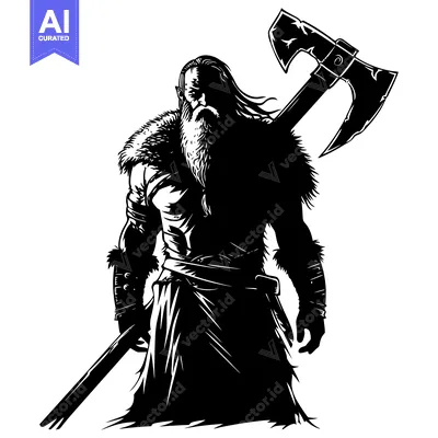 A Black and White Silhouette of a Bearded Warrior with an Axe