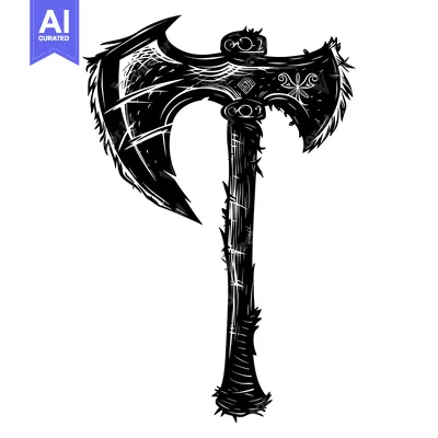 Popular premium asset: A Black and White Illustration of a Viking Axe with a Carved Wooden Ha