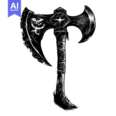 Premium design asset: A Black and White Illustration of a Double-Headed Axe with a Star