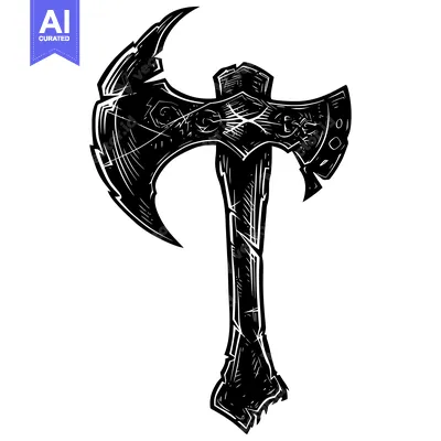 Aset desain premium: A Black and White Illustration of a  Double-Headed Axe