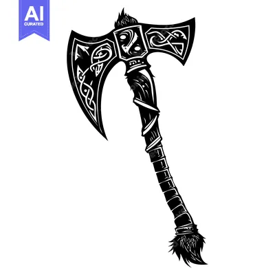 Aset desain premium: Ornate Celtic-Style Double-Headed Axe with a Furry Handle