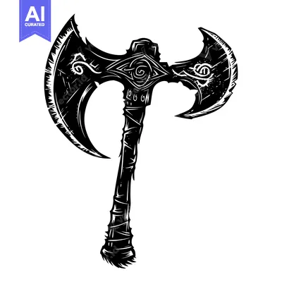 Premium design asset: Ornate double-headed axe with detailed carvings and a textured wooden