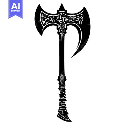 Aset desain premium: Ornate Black and White Double-Headed Axe with Intricate Design