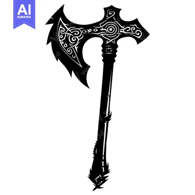 Aset premium populer: Ornate Black and White Double-Headed Axe with Tribal Design