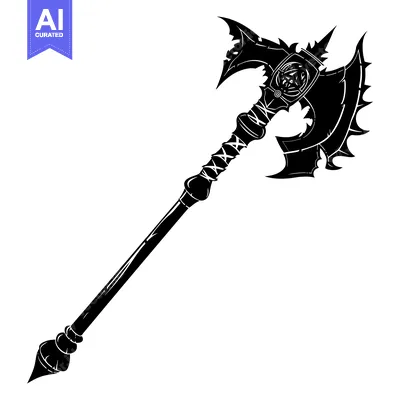A black and white silhouette of a large, ornate axe.