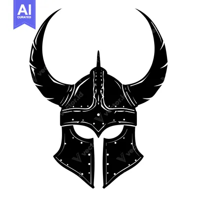 Premium design asset: Black and White Illustration of a Viking Helmet with Horns