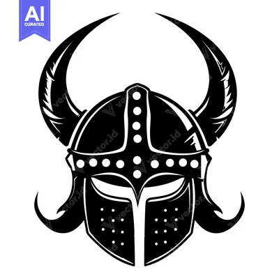 Aset desain premium: Black and White Illustration of a Viking Helmet with Horns