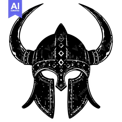 Aset desain premium: Black and White Illustration of a Viking Helmet with Horns