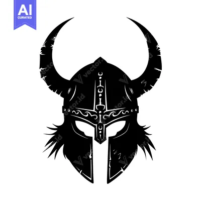 Aset premium populer: A black and white silhouette of a Viking helmet with horns