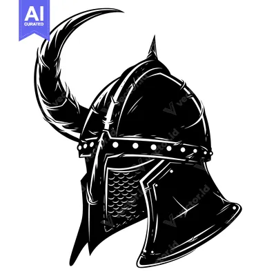 Aset premium populer: A Black and White Illustration of a Viking Helmet with a Horn