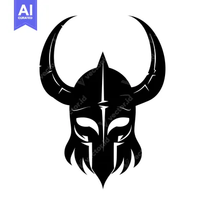 Aset desain premium: Black and White Silhouette of a Viking Helmet with Horns