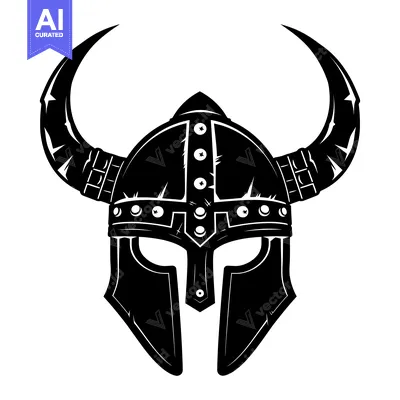 Aset desain premium: Black and White Illustration of a Viking Helmet with Horns