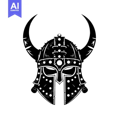 Aset desain premium: Black and White Illustration of a Viking Helmet with Horns