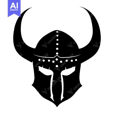Aset desain premium: Black and White Silhouette of a Viking Helmet with Horns
