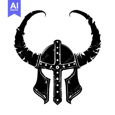 Aset desain premium: Black and White Illustration of a Viking Helmet with Horns