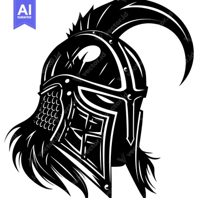 Premium design asset: Black and White Illustration of a Warrior's Helmet with a Crest