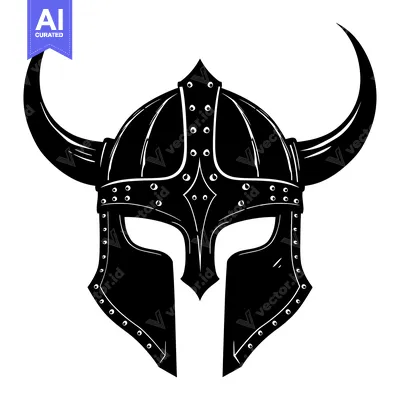Premium design asset: Black and White Illustration of a Viking Helmet with Horns