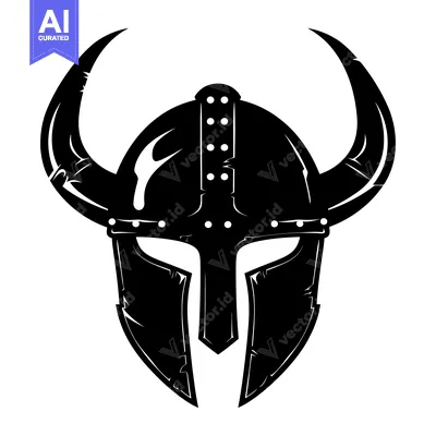 Premium design asset: Black and White Illustration of a Viking Helmet with Horns