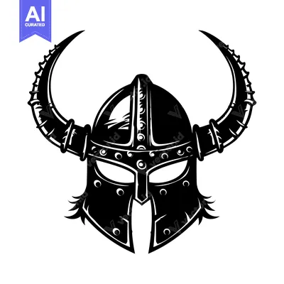 Aset desain premium: Black and White Illustration of a Viking Helmet with Horns