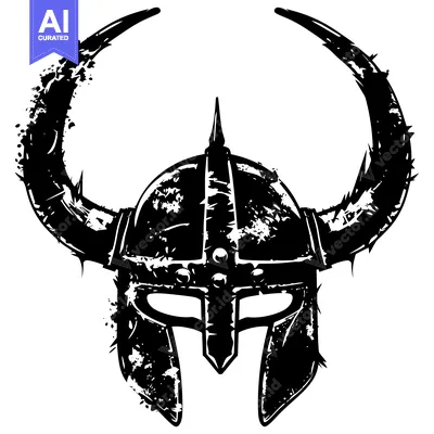 Black and White Grunge Style Viking Helmet with Horns