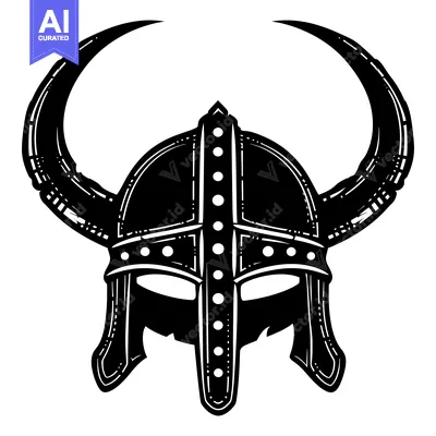 Aset desain premium: Black and White Illustration of a Viking Helmet with Horns