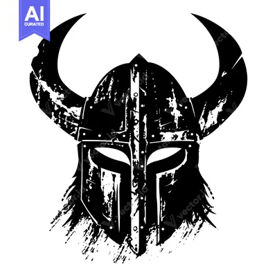 Premium design asset: Grunge Style Black and White Illustration of a Viking Helmet with Horn