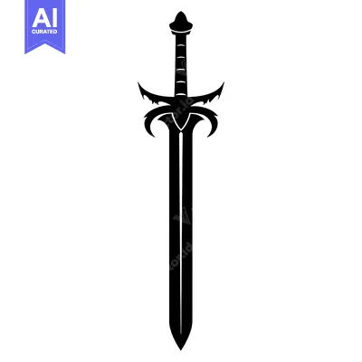 Aset desain premium: Black and White Silhouette of a Medieval Sword with Elaborate Hilt