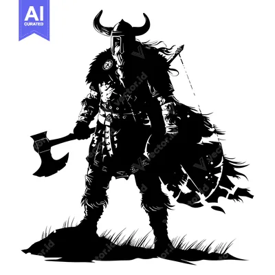 Aset premium populer: A Silhouette of a Viking Warrior Holding an Axe