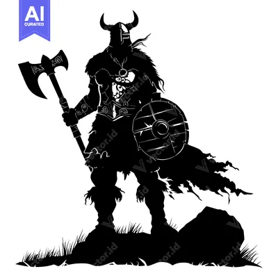 Aset desain premium: A Silhouette of a Viking Warrior with an Axe and Shield