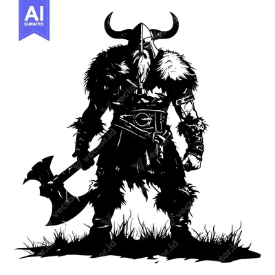 Premium design asset: Black and White Illustration of a Viking Warrior with an Axe