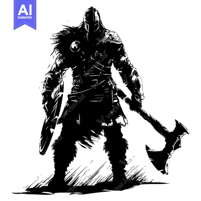 Aset desain premium: Silhouette of a Viking Warrior Holding a Double-Headed Axe and Shield