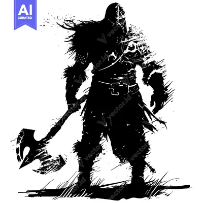 Aset premium populer: A Silhouetted Viking Warrior Holding an Axe in Front of a White Backgr