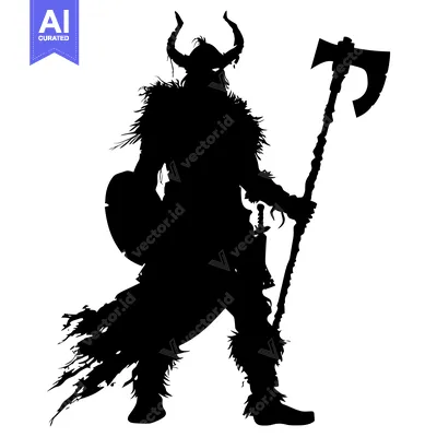 Aset desain premium: Silhouette of a Viking Warrior Holding an Axe and Shield