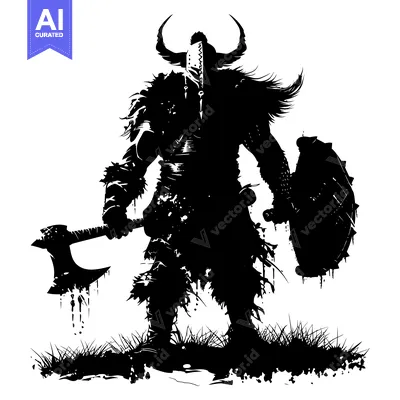Aset premium populer: Silhouetted Viking Warrior with Axe and Shield