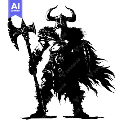 Aset desain premium: Black and White Silhouette of a Viking Warrior Holding an Axe