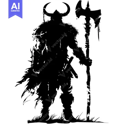 Aset premium populer: Silhouette of a Viking Warrior with Axe and Horns