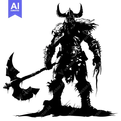 Aset desain premium: A Silhouetted Viking Warrior Holding a Large Axe